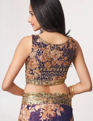 Blue organza printed saree with sequins work 2