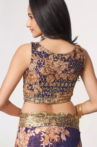 Blue organza printed saree with sequins work