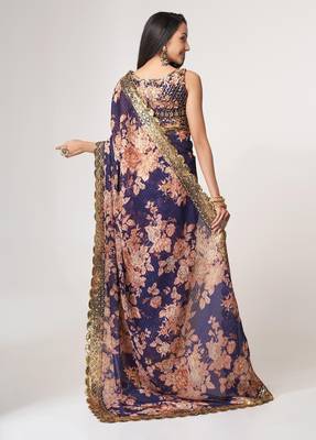 Blue organza printed saree with sequins work 3