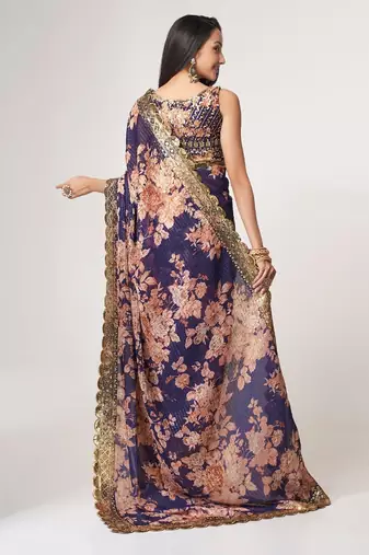 Blue organza printed saree with sequins work