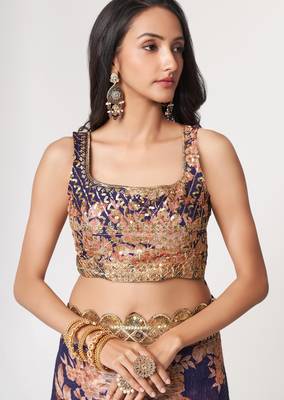 Blue organza printed saree with sequins work 4