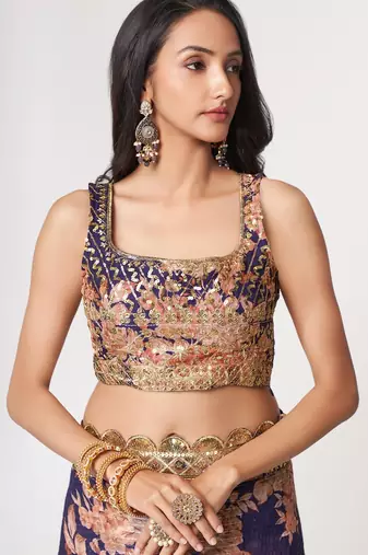 Blue organza printed saree with sequins work