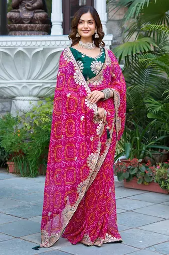 Pink silk blend embroidered saree with thread work