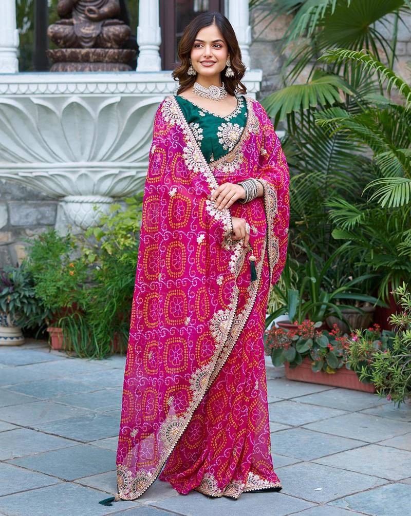 Pink silk blend embroidered saree with thread work