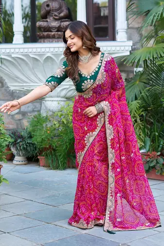 Pink silk blend embroidered saree with thread work