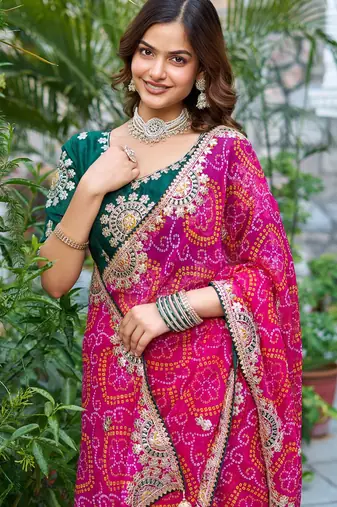 Pink silk blend embroidered saree with thread work