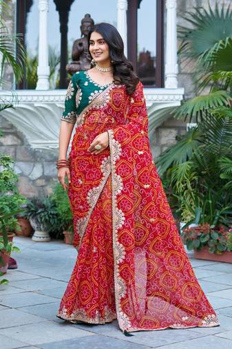 Red silk blend embroidered saree with thread work