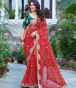 Red silk blend embroidered saree with thread work