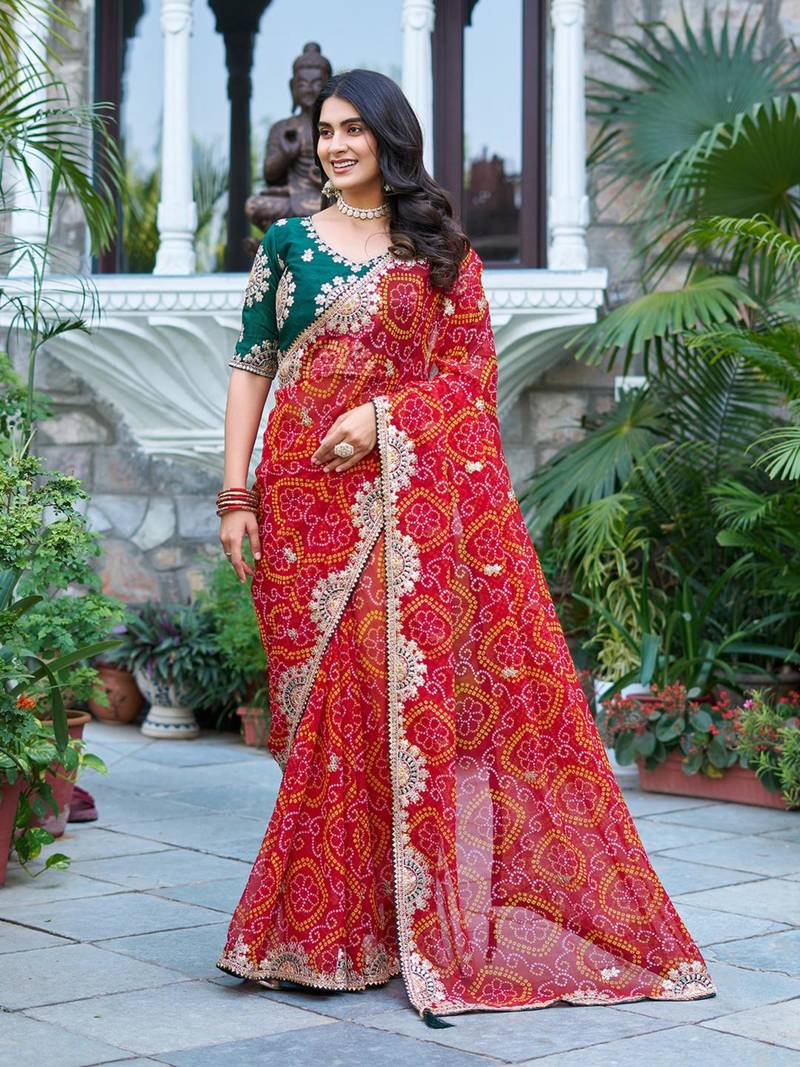 Red silk blend embroidered saree with thread work
