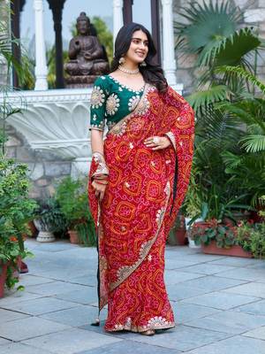Red silk blend embroidered saree with thread work 2