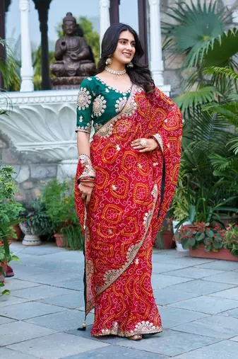 Red silk blend embroidered saree with thread work