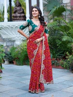 Red silk blend embroidered saree with thread work 3