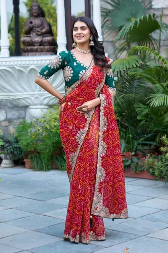 Red silk blend embroidered saree with thread work