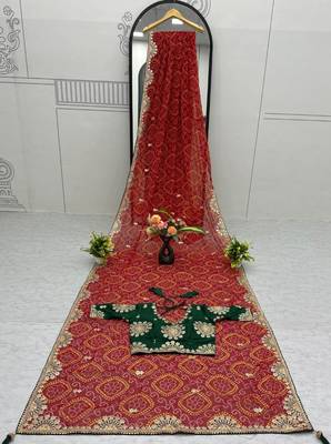 Red silk blend embroidered saree with thread work 4