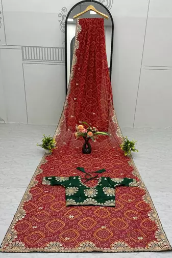 Red silk blend embroidered saree with thread work
