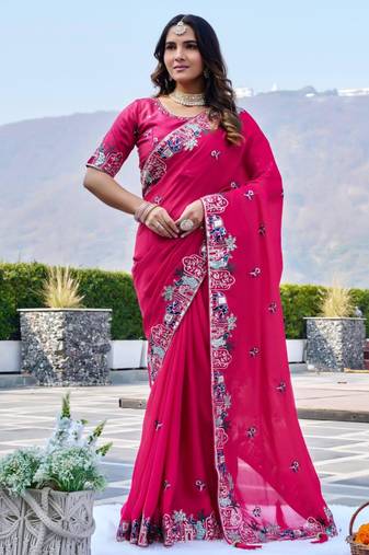 Pink satin embroidered saree with thread work