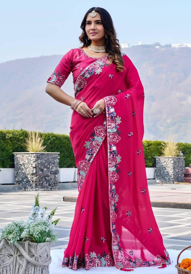 Pink satin embroidered saree with thread work