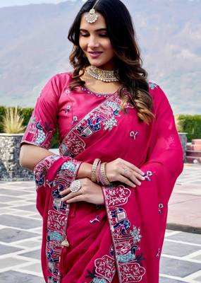 Pink satin embroidered saree with thread work 2