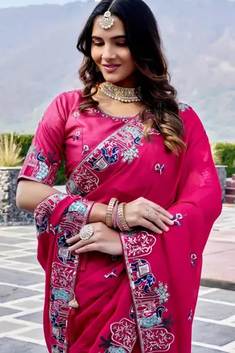 Pink satin embroidered saree with thread work