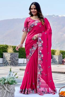 Pink satin embroidered saree with thread work 3