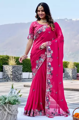 Pink satin embroidered saree with thread work