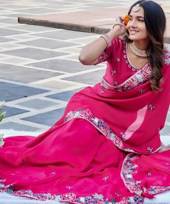 Pink satin embroidered saree with thread work 4