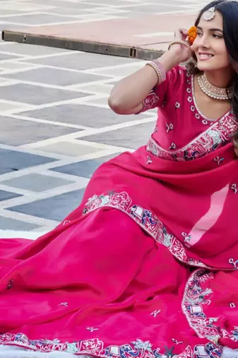 Pink satin embroidered saree with thread work