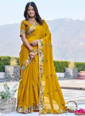 Mustard satin embroidered saree with thread work 1