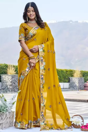 Mustard satin embroidered saree with thread work