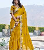Mustard satin embroidered saree with thread work