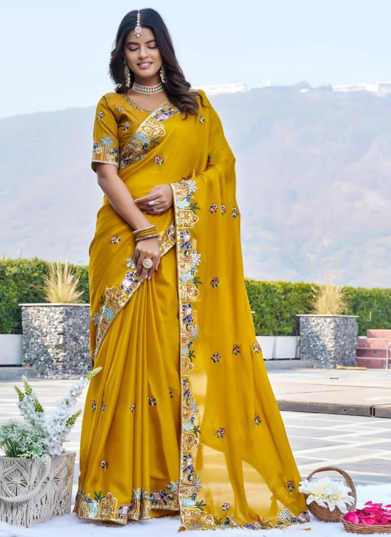 Mustard satin embroidered saree with thread work