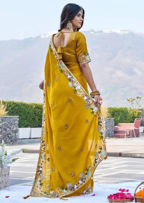 Mustard satin embroidered saree with thread work 2