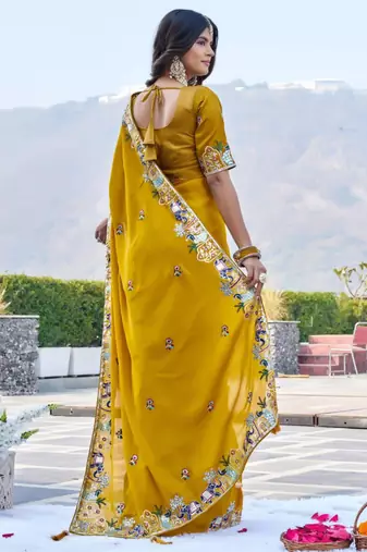 Mustard satin embroidered saree with thread work