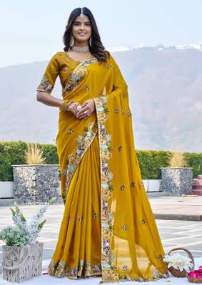Mustard satin embroidered saree with thread work 3