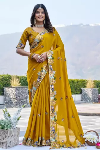Mustard satin embroidered saree with thread work