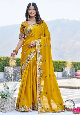 Mustard satin embroidered saree with thread work 4