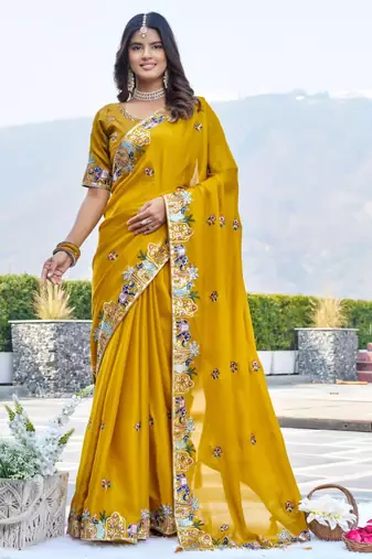 Mustard satin embroidered saree with thread work