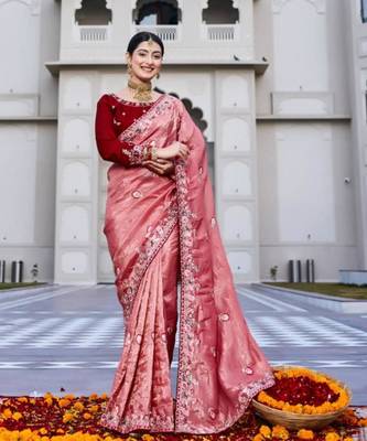 Pink silk blend embroidered saree with thread work 3