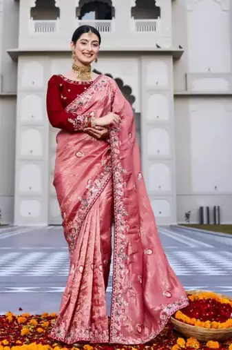 Pink silk blend embroidered saree with thread work