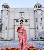 Pink silk blend embroidered saree with thread work