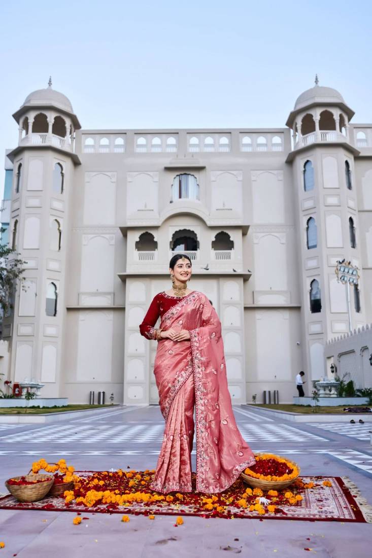 Pink silk blend embroidered saree with thread work