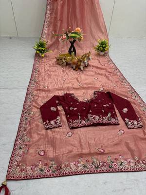 Pink silk blend embroidered saree with thread work 4