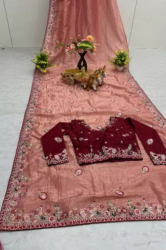 Pink silk blend embroidered saree with thread work