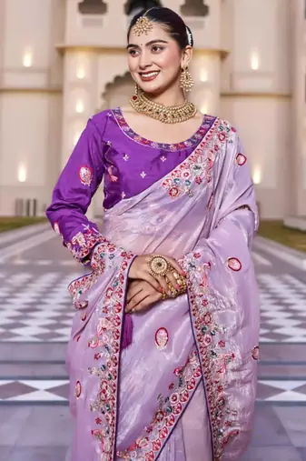 Lavender silk blend embroidered saree with thread work
