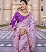 Lavender silk blend embroidered saree with thread work