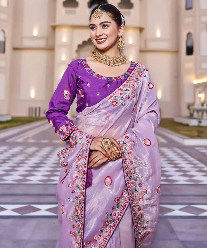 Lavender silk blend embroidered saree with thread work