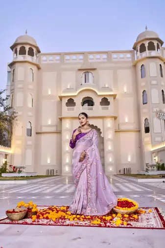 Lavender silk blend embroidered saree with thread work