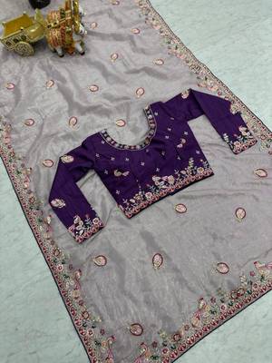 Lavender silk blend embroidered saree with thread work 4