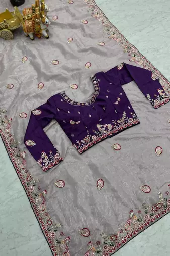 Lavender silk blend embroidered saree with thread work