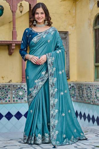 Teal silk blend embroidered saree with thread work